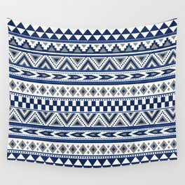 Tribal Art Pattern Navy Blue Silver White Wall Tapestry