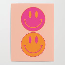 Large Pink and Orange Groovy Smiley Face Pattern - Retro Aesthetic  Poster