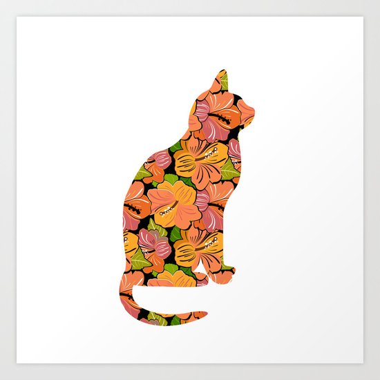 Cat Silhouette With Hibiscus Flowers Inlay Art Print