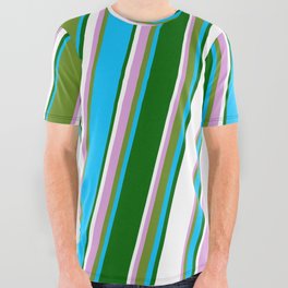 [ Thumbnail: Eye-catching Plum, Green, Deep Sky Blue, Dark Green, and White Colored Lined/Striped Pattern All Over Graphic Tee ]