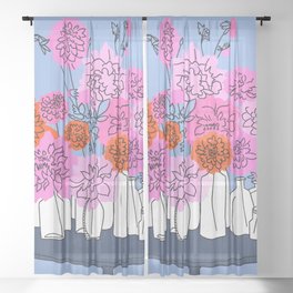 Mid-Century Modern Flower Bottle Bouquet Pink and Red Sheer Curtain