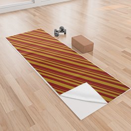 [ Thumbnail: Dark Goldenrod and Maroon Colored Lined/Striped Pattern Yoga Towel ]