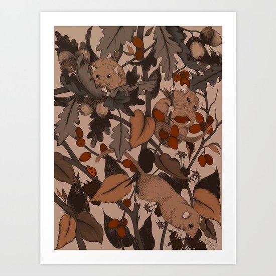 3 little Dormice coloured Art Print