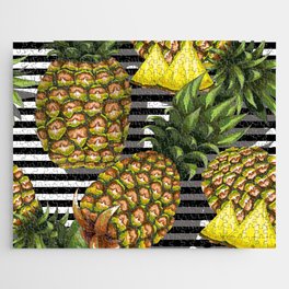 Summer seamless pattern with handdrawn pineapple on striped back Jigsaw Puzzle