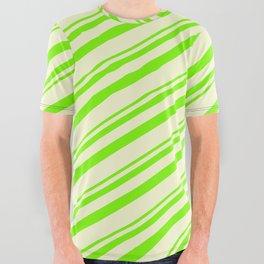 [ Thumbnail: Green and Light Yellow Colored Lined/Striped Pattern All Over Graphic Tee ]