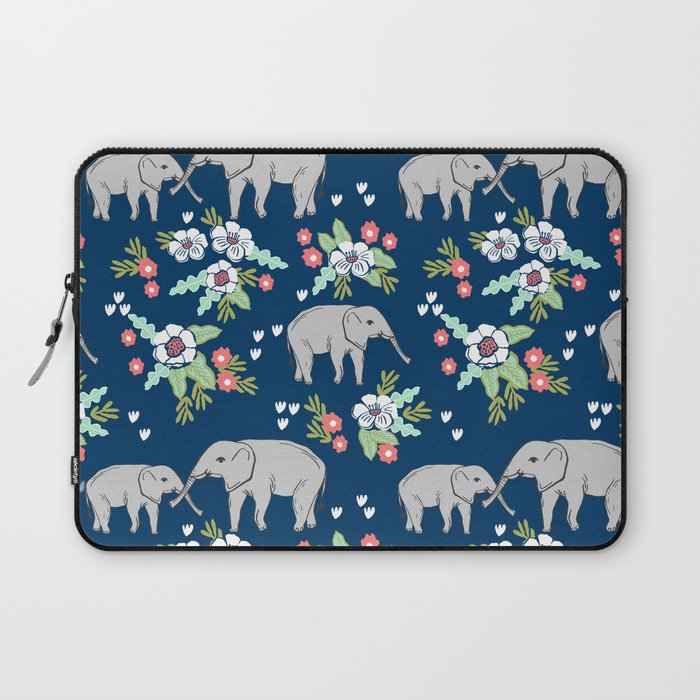 Elephants pattern navy blue with florals cute nursery baby animals lucky gifts Laptop Sleeve