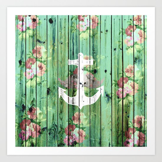 Vintage Floral Nautical Anchor Green Beach Wood Art Print