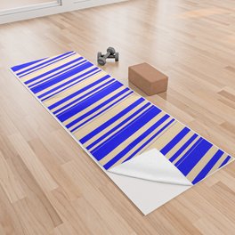 [ Thumbnail: Blue & Beige Colored Striped Pattern Yoga Towel ]