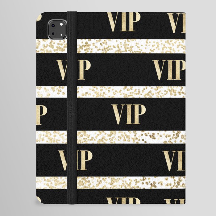 Elegant black gold VIP typography confetti stripes iPad Folio Case