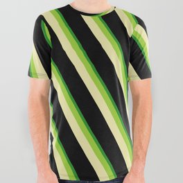 [ Thumbnail: Green, Pale Goldenrod, Black, and Forest Green Colored Pattern of Stripes All Over Graphic Tee ]