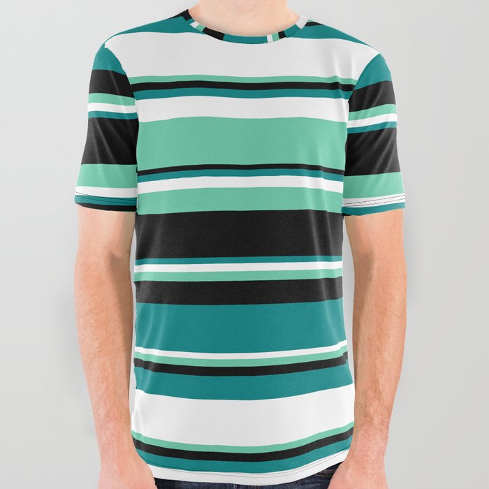 Teal, White, Aquamarine & Black Colored Lined Pattern All Over Graphic Tee