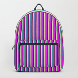 [ Thumbnail: Light Sea Green, Pale Goldenrod, Purple, and Fuchsia Colored Stripes Pattern Backpack ]
