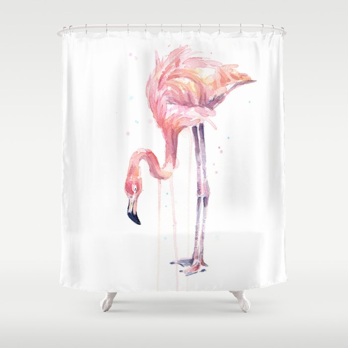 Flamingo Watercolor Painting Pink Tropical Birds Facing Left Shower Curtain
