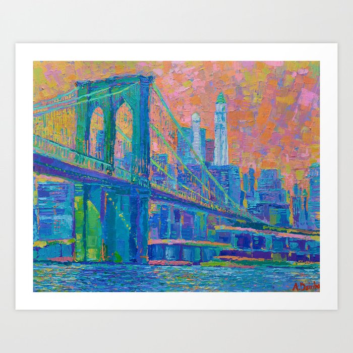 Brooklyn Bridge Palette Knife Urban City Landscape Painting By Adriana Dziuba Art Print