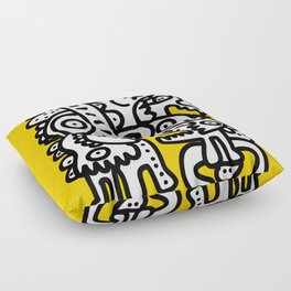 Black and White Cool Monsters Graffiti on Yellow Background Floor Pillow