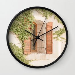 French Window Shutters Photo | Botanical Summer Art Print from Lyon | France Travel Photography Wall Clock