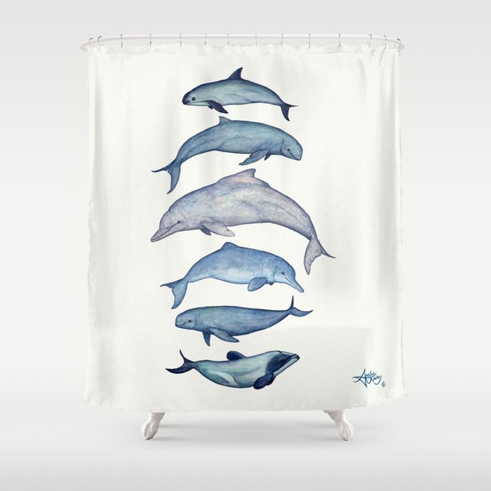 "Rare Cetaceans" by Amber Marine - Watercolor dolphins and porpoises - (Copyright 2017) Shower Curtain