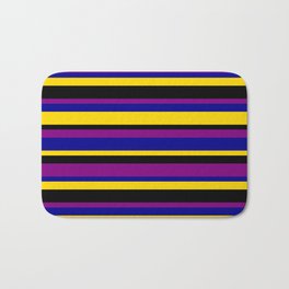 [ Thumbnail: Yellow, Black, Purple, and Dark Blue Colored Pattern of Stripes Bath Mat ]