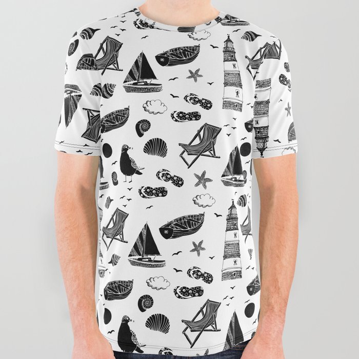 Black Summer Beach Elements Pattern All Over Graphic Tee