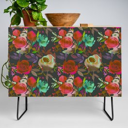 Watercolor Gray Pink Red Purple Mint Green Botanical Flowers Credenza