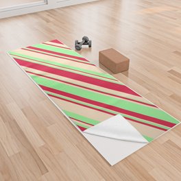 [ Thumbnail: Bisque, Green, and Crimson Colored Striped/Lined Pattern Yoga Towel ]