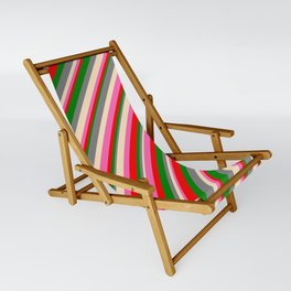 [ Thumbnail: Eye-catching Gray, Bisque, Hot Pink, Red & Green Colored Lines/Stripes Pattern Sling Chair ]