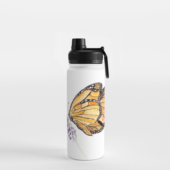 Monarch Butterfly Watercolor Art, Orange Butterfly Painting, Purple Flower Water Bottle