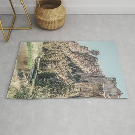 Vintage Smith Rock State Park // River and Rocks Scenic Hiking Landscape Photograph Rug | Vintage Wild Animals, National Park Tones, Scenic Picture View, Landscape In Winter, Outdoors Travel Sky, Natural And Earthy, Gritty Monotone Rock, Forest River Woods, Nature Sunset Decor, Oregon University Or 