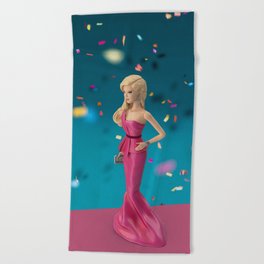 Doll on pink carpet Beach Towel