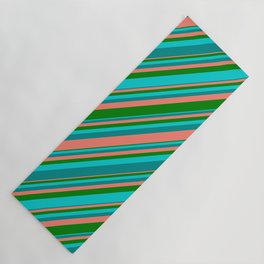 [ Thumbnail: Salmon, Green, Dark Turquoise, and Dark Cyan Colored Lines Pattern Yoga Mat ]