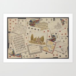 TROMPE L'OEIL Playing Cards Music Notes - 19th century France King Color Drawing Home Decor - Wall Engraving Art Print