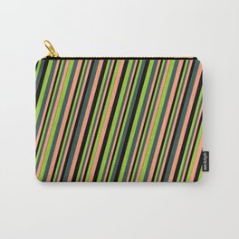 [ Thumbnail: Green, Dark Slate Gray, Light Salmon & Black Colored Stripes Pattern Carry-All Pouch ]