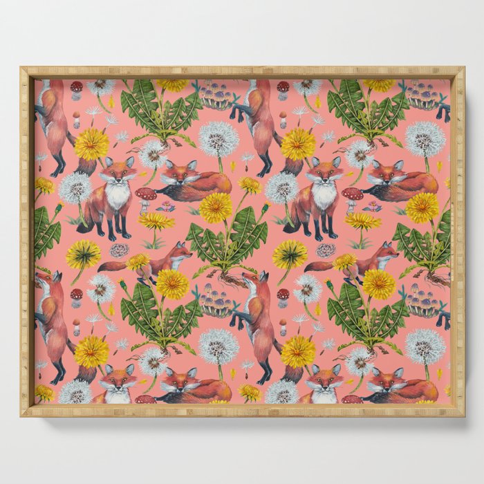 Dandelion Flowers with Foxes - pink Serving Tray
