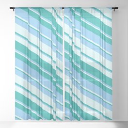 [ Thumbnail: Light Cyan, Light Sea Green & Light Sky Blue Colored Lines/Stripes Pattern Sheer Curtain ]
