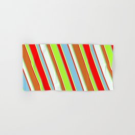 [ Thumbnail: Colorful Chocolate, Sky Blue, Light Green, Mint Cream, and Red Colored Lined/Striped Pattern Hand & Bath Towel ]