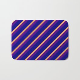 [ Thumbnail: Brown, Indigo, and Blue Colored Striped/Lined Pattern Bath Mat ]