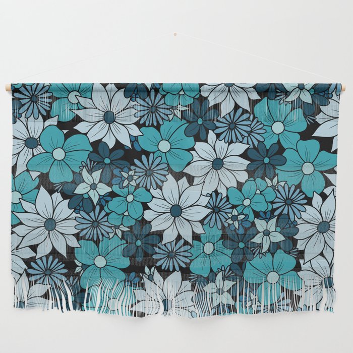 Blue Turquoise Flower Doodle Pattern Wall Hanging