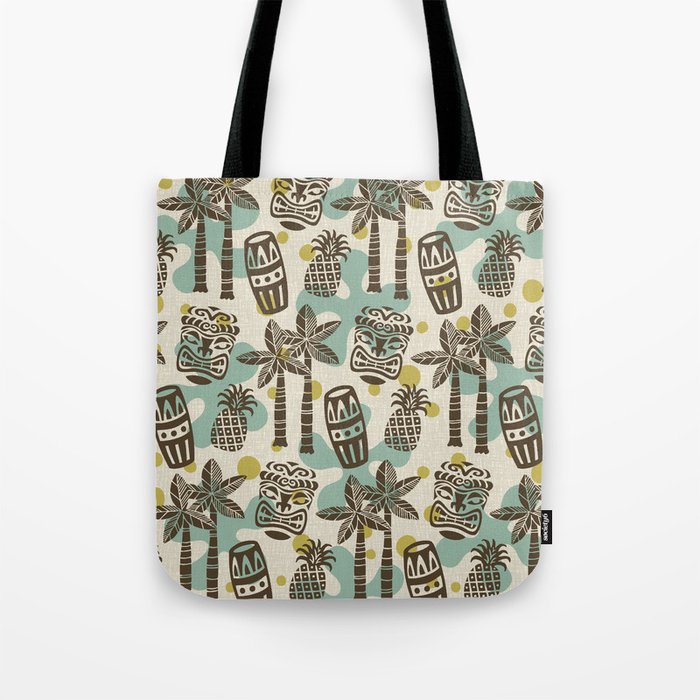 Tiki Pattern 536 Brown Turquoise Olive Green and Beige Tote Bag