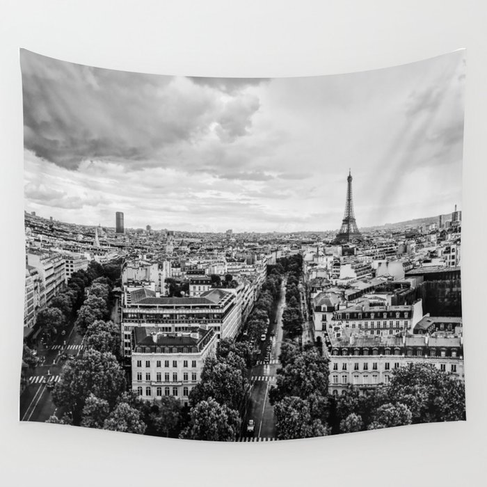 Black & White Paris Skyline Wall Tapestry