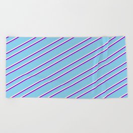 [ Thumbnail: Sky Blue, Beige, and Dark Violet Colored Pattern of Stripes Beach Towel ]