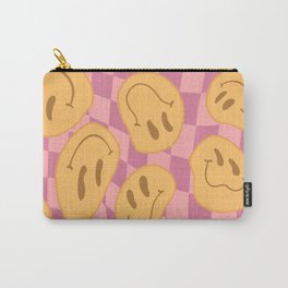Happy melting smiley on checker pink colorway  Carry-All Pouch | Retro, Vibes, Groovy, Mod, Face, Hippie, Drawing, Ditsy, 90S, Noise 