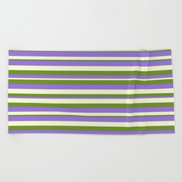 [ Thumbnail: Green, Purple, and Beige Colored Lines Pattern Beach Towel ]