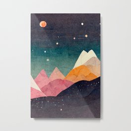 Celestial Mountains with Starry Sky Metal Print | Glitter, Widelandscape, Graphicdesign, Boho, Starrysky, Celestial, Smallmoon, Pinkmountains, Moody, Nature 