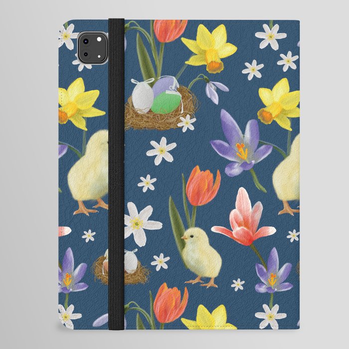 Colorful pattern with easter chicks, easter nests, tulips, daffodils, crocuses, wood anemones iPad Folio Case