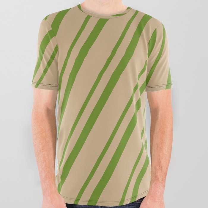 Green & Tan Colored Lined/Striped Pattern All Over Graphic Tee