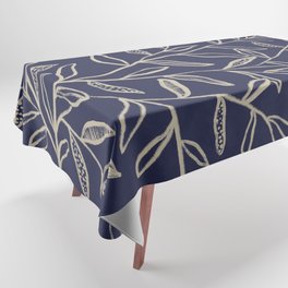 Navy Blue Patterned Leaves Tablecloth