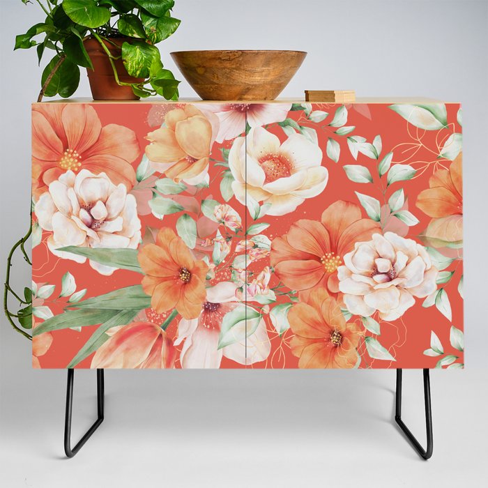 Peach Florals with Painted Speckles on Orange Coral Credenza