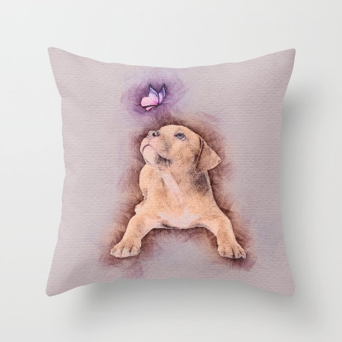 Staffordshire terrier Puppy with Butterfly Throw Pillow