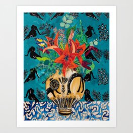 Amphitrite: Orange Lily and Wildflower Bouquet in Lion and Giraffe Urn on Emerald Matisse Inspired Wallpaper Art Print