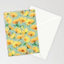 Painted Golden Yellow Daisies on soft sage green Stationery Cards